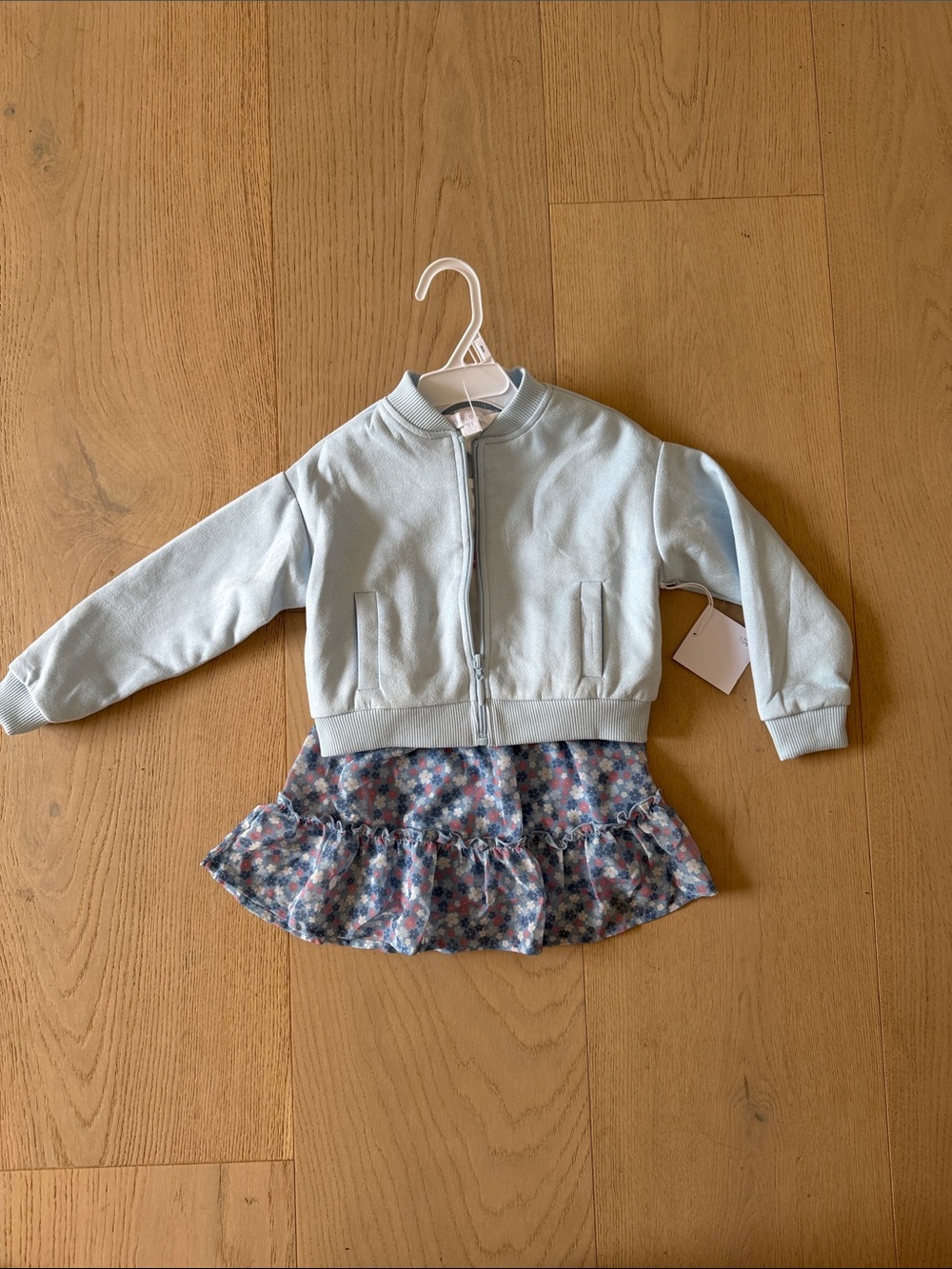 3 piece Light Blue Girls Bomber Jacket with Floral Ruffle Skirt and a t shirt